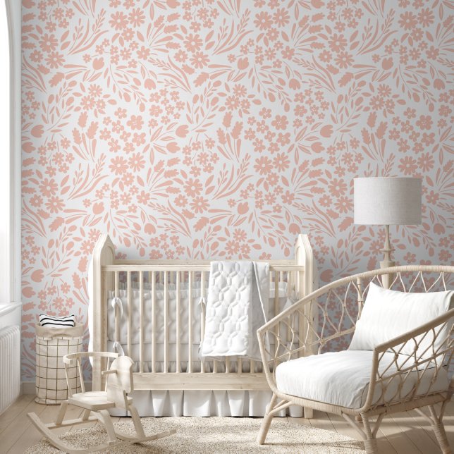 Pretty Peach Wildflowers Nursery Kids Room Wallpaper (Kids)
