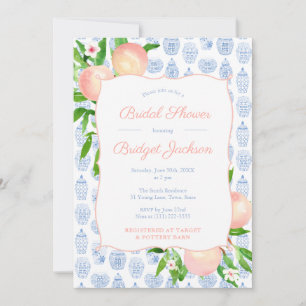 Pretty Peaches Blue And White Wedding Shower Party Invitation