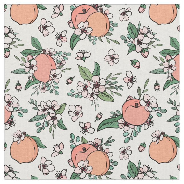 Pretty Peaches & Peach Blossom Floral Pattern Fabric (Close Up)