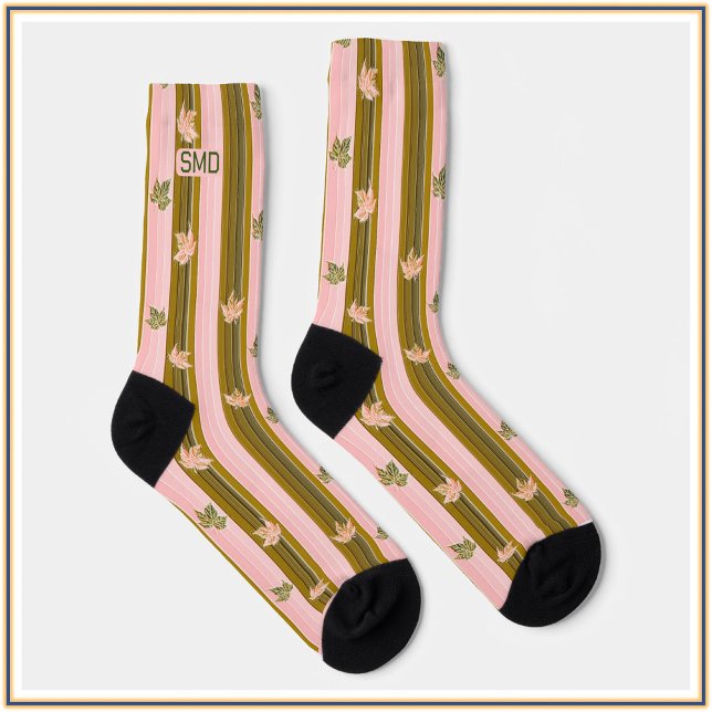 Pretty Peachy Pink & Green Striped Leaf Monogram Socks (Creator Uploaded)
