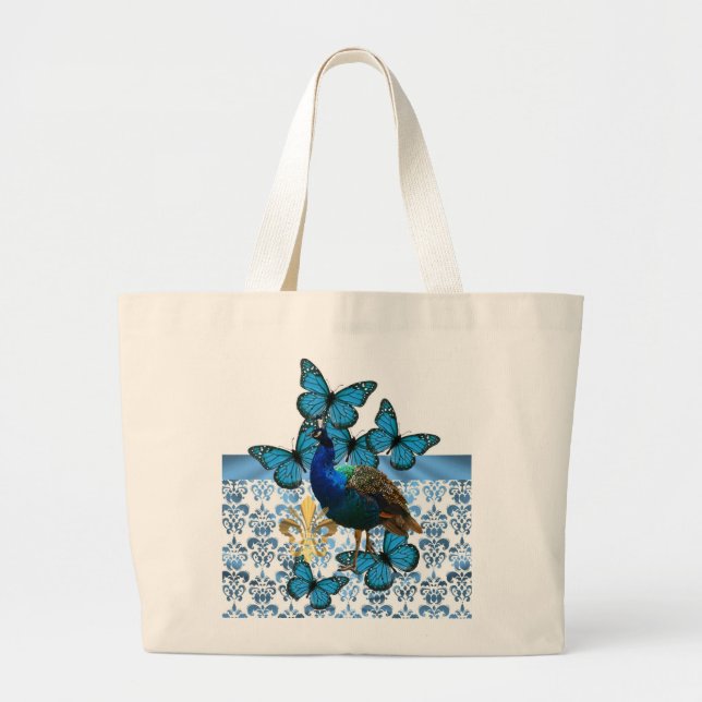 Pretty Peacock and blue butterflies Large Tote Bag (Front)