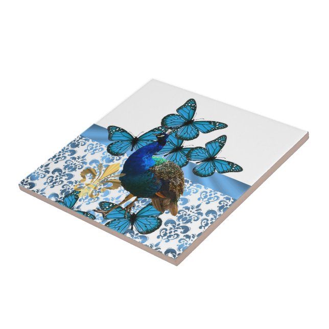 Pretty Peacock and blue butterflies Tile (Side)