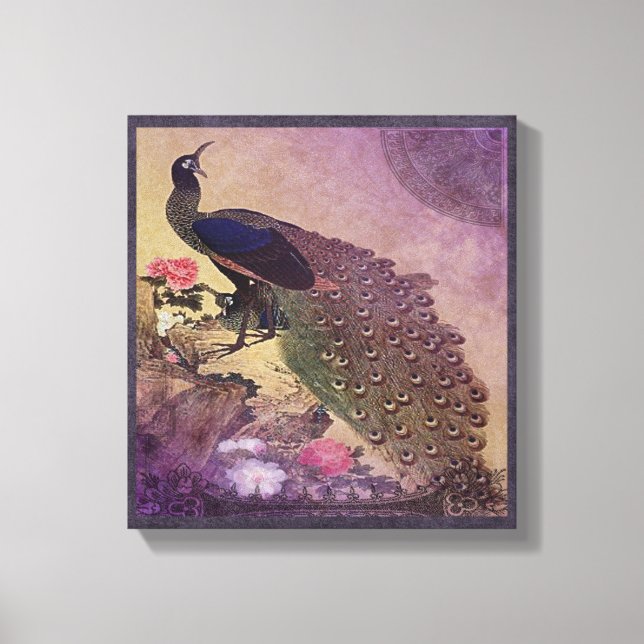 Pretty Peacock and Peonies in Purple Canvas Print (Front)
