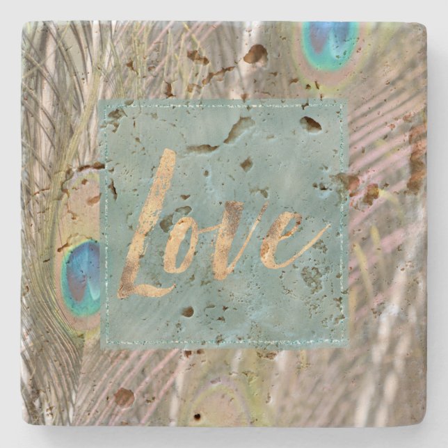 Pretty Peacock Feathers Gold Love Stone Coaster (Front)