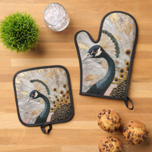Pretty Peacock Gold Christmas Oven Mitt & Pot Holder Set