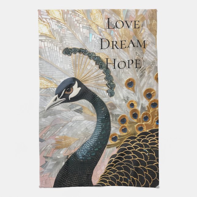 Pretty Peacock Gold Christmas Tea Towel (Vertical)