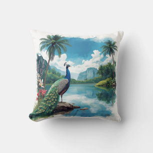 Pretty Peacock in a Tropical Paradise Cushion