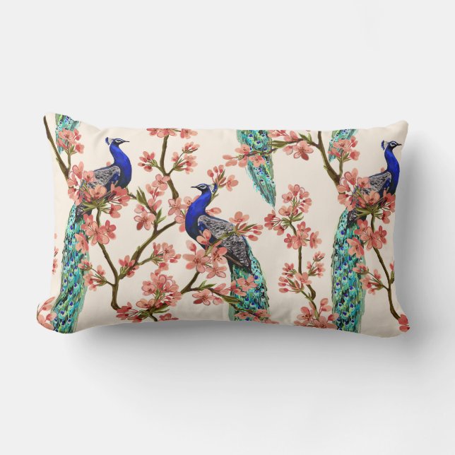 Pretty Peacock Pattern Lumbar Pillow (Front)