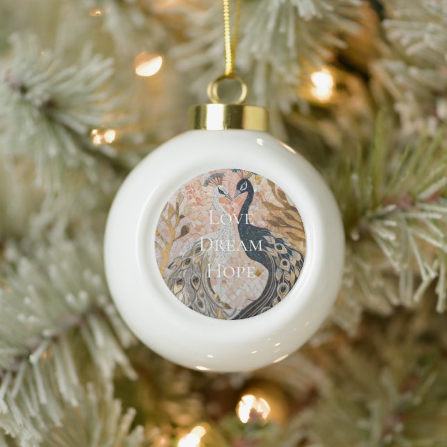 Pretty Peacock Pink Gold Christmas Ceramic Ball Christmas Ornament (Tree)