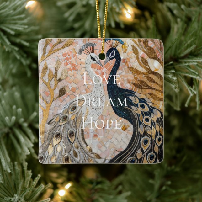 Pretty Peacock Pink Gold Christmas Ceramic Ornament (Tree)