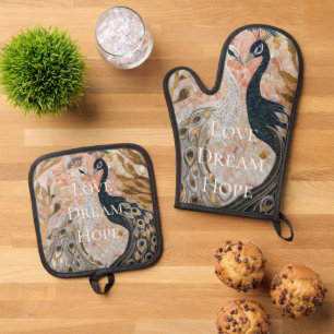 Pretty Peacock Pink Gold Glam Oven Mitt & Pot Holder Set