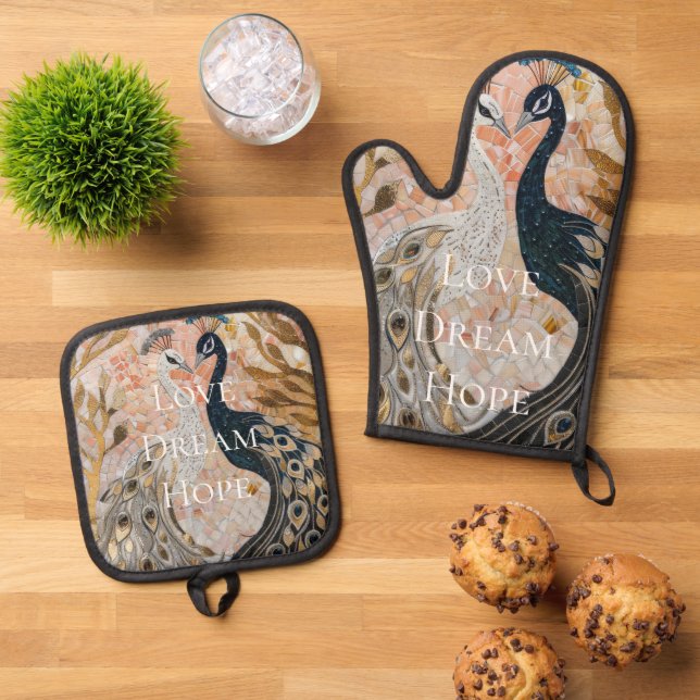 Pretty Peacock Pink Gold Glam  Oven Mitt & Pot Holder Set (Top Down)