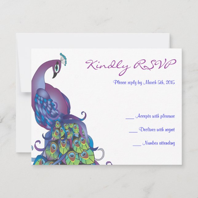 PRETTY PEACOCK Theme Wedding RSVP Reply card (Front)