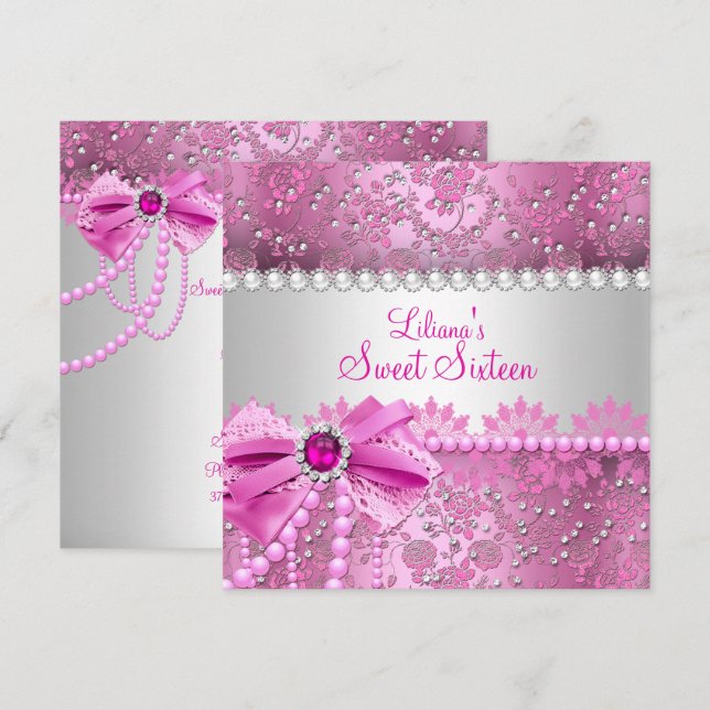 Pretty Pearl Bow Lace Pink Silver Sweet 16 Invitation (Front/Back)