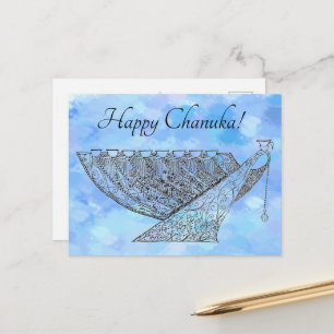 Pretty Pen and Ink Chanukah Menorah on Blue Dots Postcard