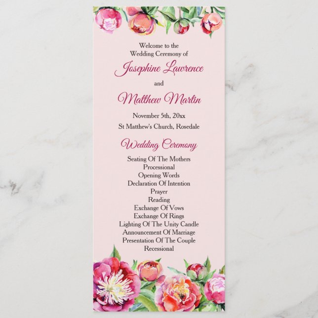 Pretty Peonies Floral Wedding Ceremony Programme (Front)