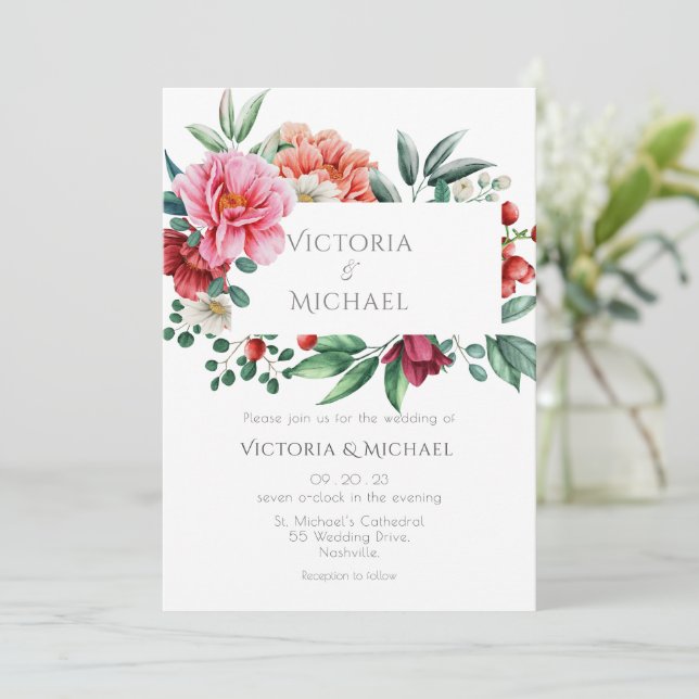 Pretty Peonies Watercolor Floral Wedding Invitation (Standing Front)