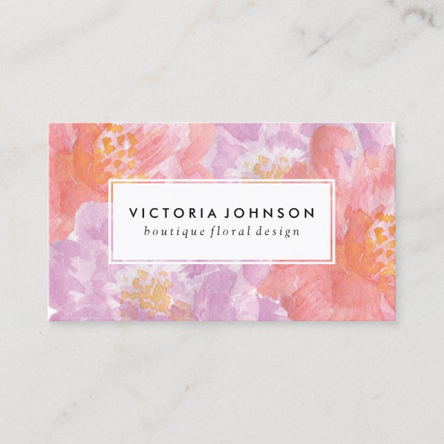 Pretty Peonies | Watercolor Flowers Business Card (Front)