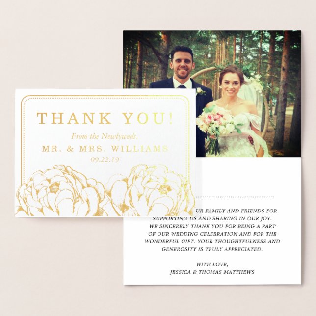 Pretty Peony Floral Photo Wedding Thank You Foil Card (Display)