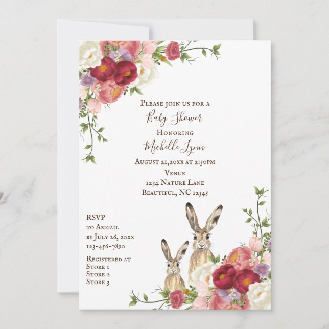 Pretty Peony Flowers and Bunny Rabbit Baby Shower Invitation (Front)