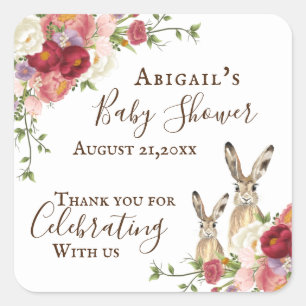 Pretty Peony Flowers and Bunny Rabbit Baby Shower Square Sticker