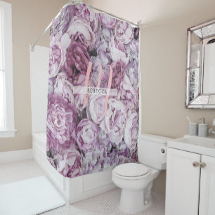 Pretty Peony Roses Floral Pink Monogram Shower Curtain