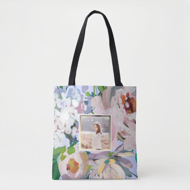 Pretty Periwinkle Blue Floral with Monogram Photo Tote Bag (Front)