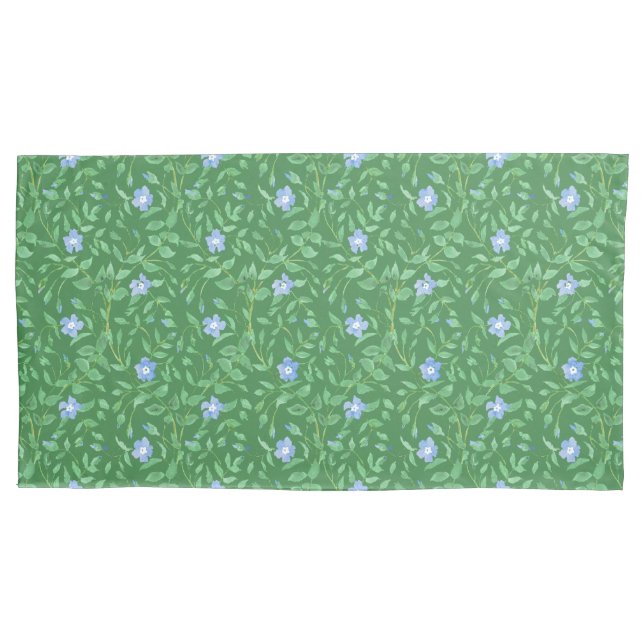 Pretty Periwinkle Floral Pattern on Dark Green Pillowcase (Front-Left)