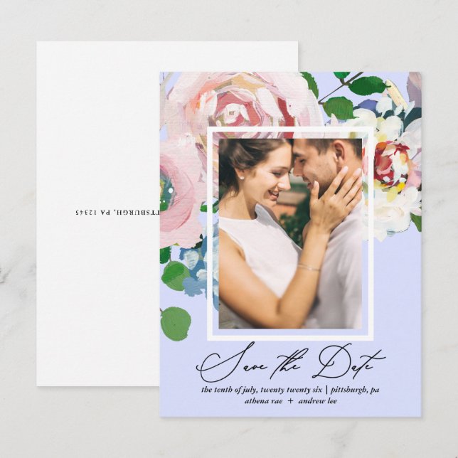 Pretty Periwinkle Floral Photo Save the Date Invitation Postcard (Front/Back)