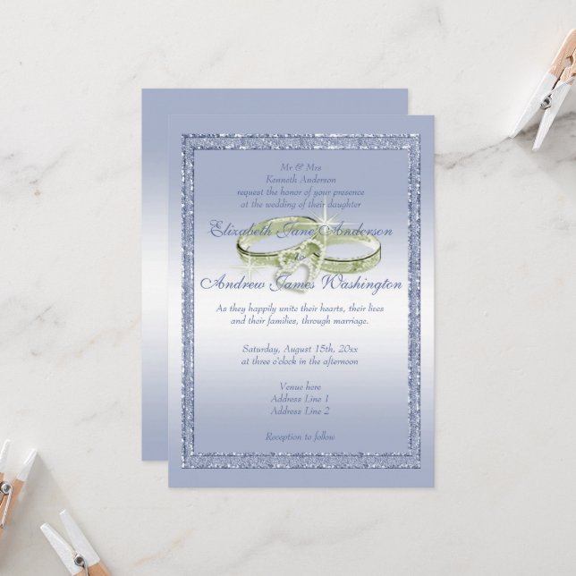 Pretty Periwinkle Glitter & Wedding Rings  Invitation (Front/Back In Situ)