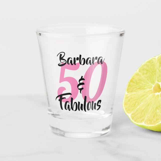 Pretty Personalised 50 and Fabulous Custom Pink Shot Glass (Front)