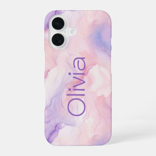 Pretty Personalised Abstract Marble Pink Purple iPhone 16 Case (Back)