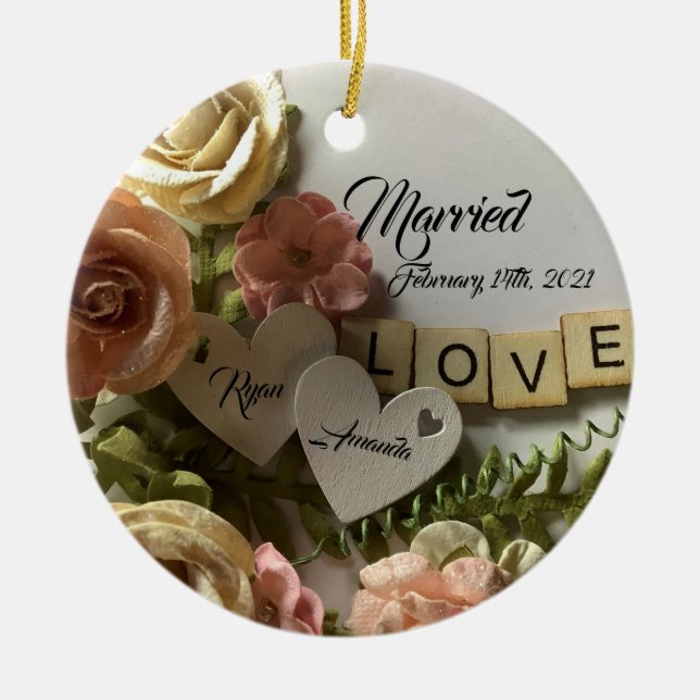 Pretty Personalised Bride & Groom Floral Married Ceramic Tree Decoration (Front)