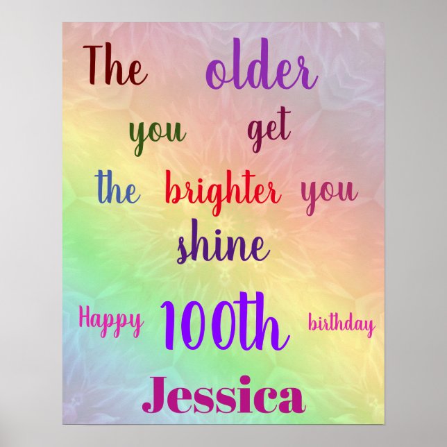 Pretty personalised colorful 100th Birthday Name Poster (Front)