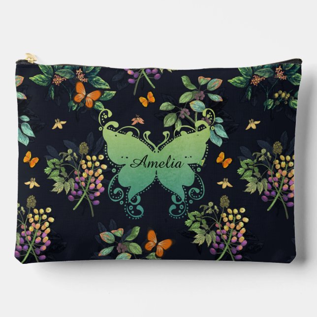 Pretty Personalised Dark Floral Butterfly Pattern Accessory Pouch (Front)