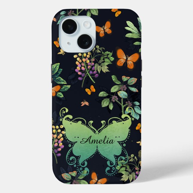 Pretty Personalised Dark Floral Butterfly Pattern Case-Mate iPhone Case (Back)