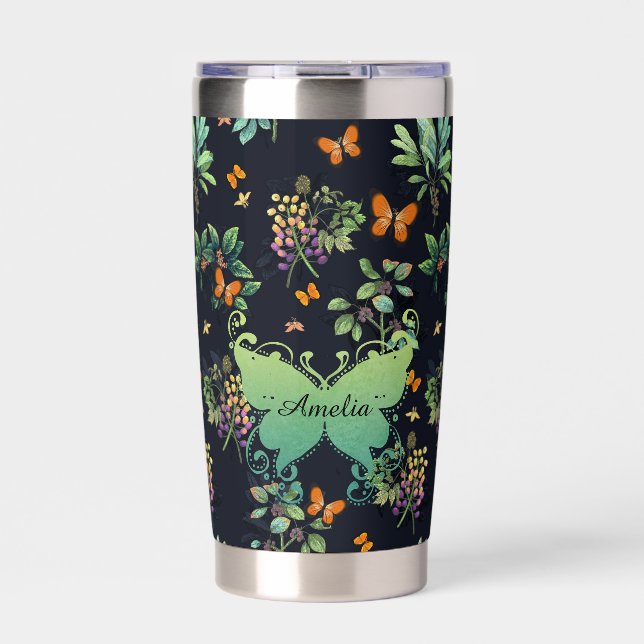 Pretty Personalised Dark Floral Butterfly Pattern Insulated Tumbler (Front)