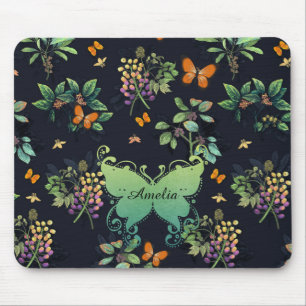 Pretty Personalised Dark Floral Butterfly Pattern Mouse Mat