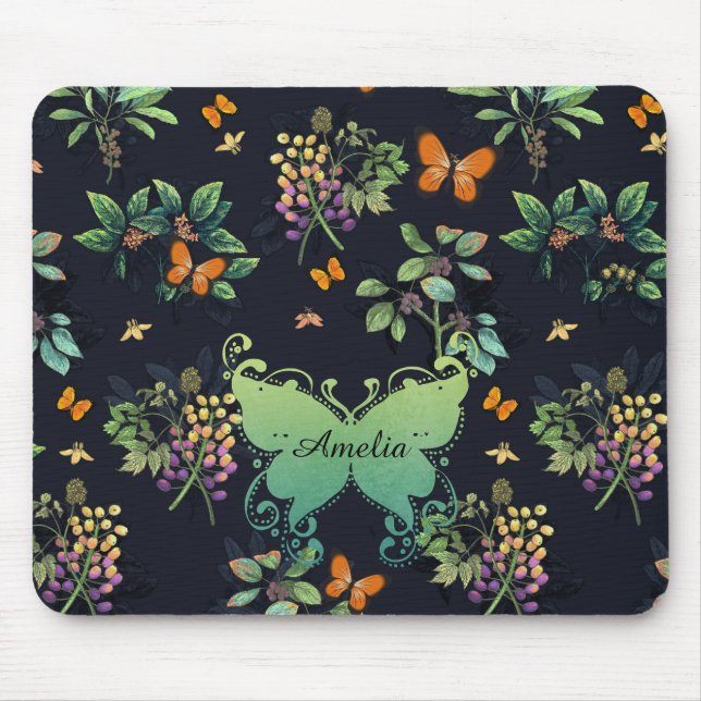 Pretty Personalised Dark Floral Butterfly Pattern Mouse Mat (Front)