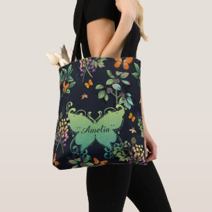 Pretty Personalised Dark Floral Butterfly Pattern Tote Bag