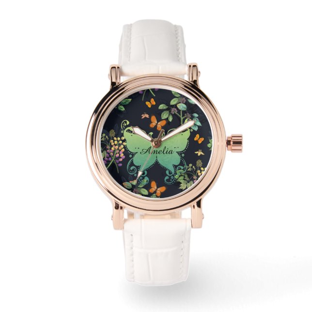 Pretty Personalised Dark Floral Butterfly Pattern Watch (Front)
