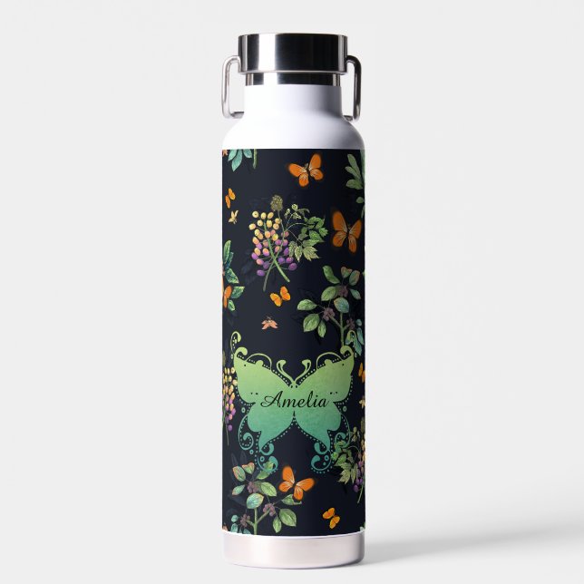Pretty Personalised Dark Floral Butterfly Pattern Water Bottle (Front)