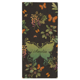 Pretty Personalised Dark Floral Butterfly Pattern Wood USB Flash Drive
