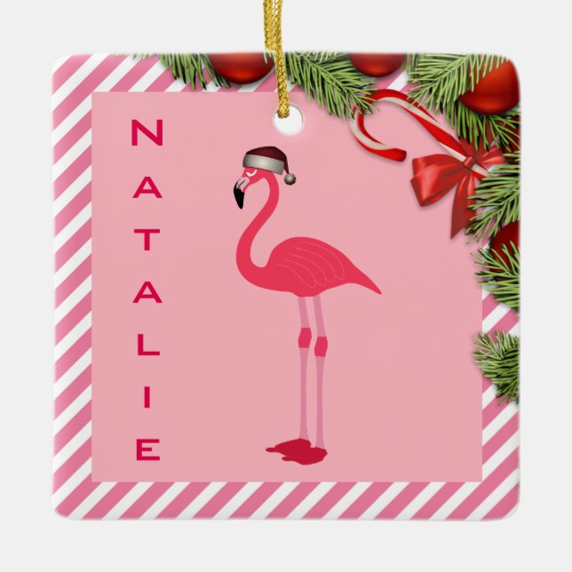 Pretty Personalised Flamingo Ceramic Tree Decoration (Front)