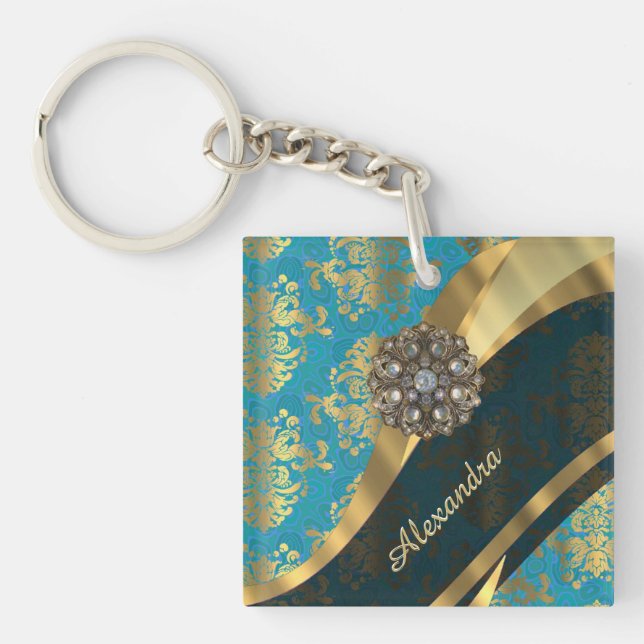Pretty personalised girly aqua damask pattern key ring (Front)