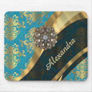 Pretty personalised girly aqua damask pattern mouse mat