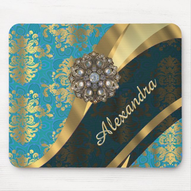 Pretty personalised girly aqua damask pattern mouse mat (Front)