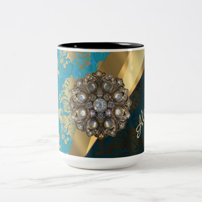 Pretty personalised girly aqua damask pattern Two-Tone coffee mug (Center)