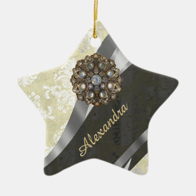 Pretty personalised girly cream damask pattern ceramic tree decoration (Front)