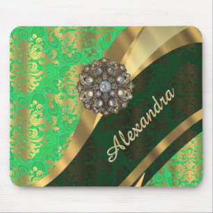Pretty personalised girly green damask pattern mouse mat